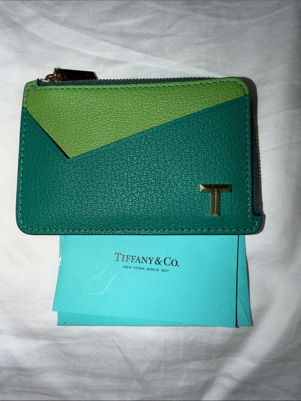 Tiffany & Co.  Two-Tone Green Card Case with Gold T Logo BNWT